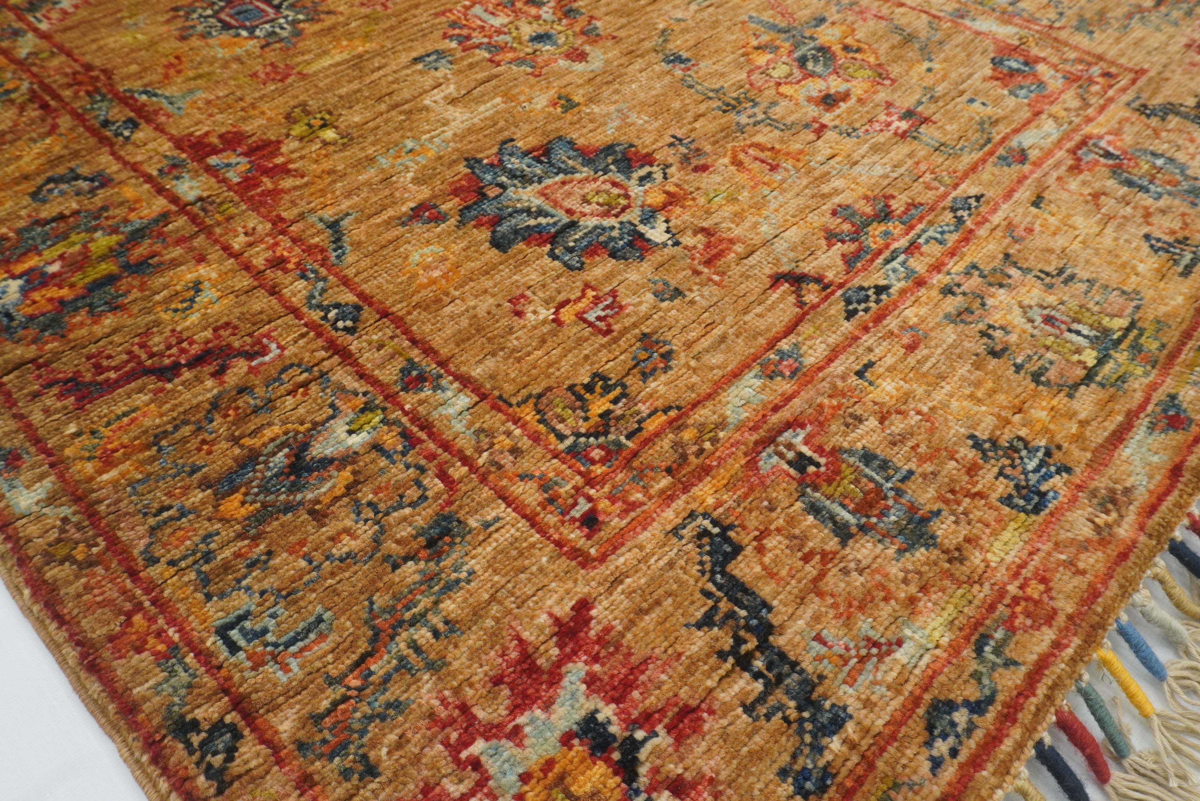 8 ft Orange Waziri Afghan Hand-Knotted Wool Runner Rug - Yildiz Rugs