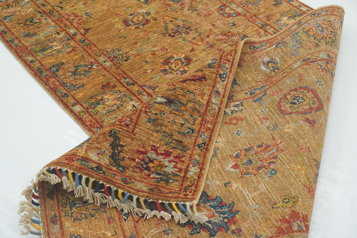 8 ft Orange Waziri Afghan Hand-Knotted Wool Runner Rug - Yildiz Rugs