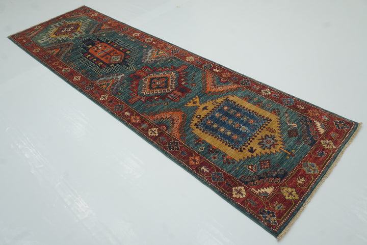 10 ft Green Malayer Afghan Hand-Knotted Wool Runner Rug - Yildiz Rugs