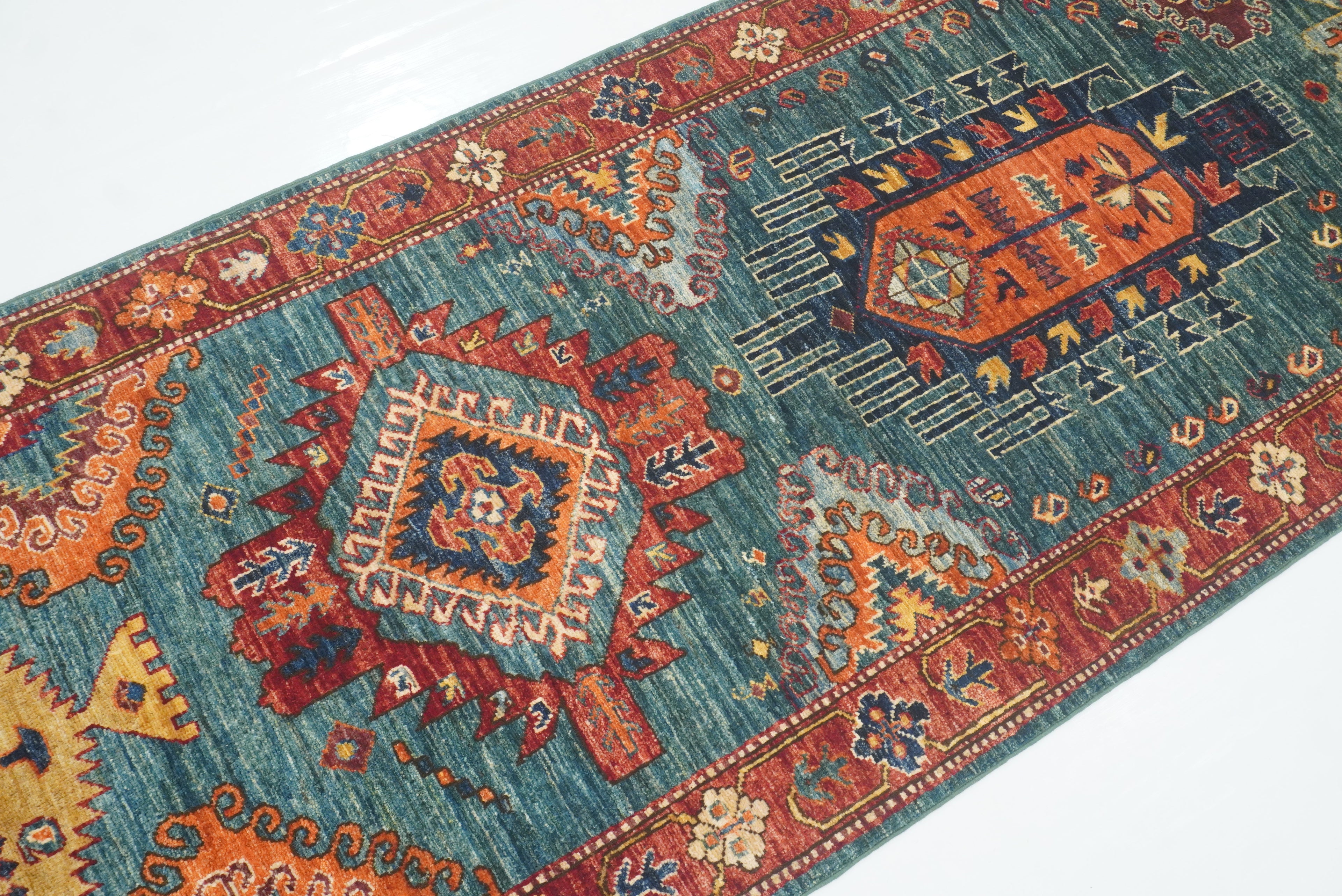 10 ft Green Malayer Afghan Hand-Knotted Wool Runner Rug - Yildiz Rugs