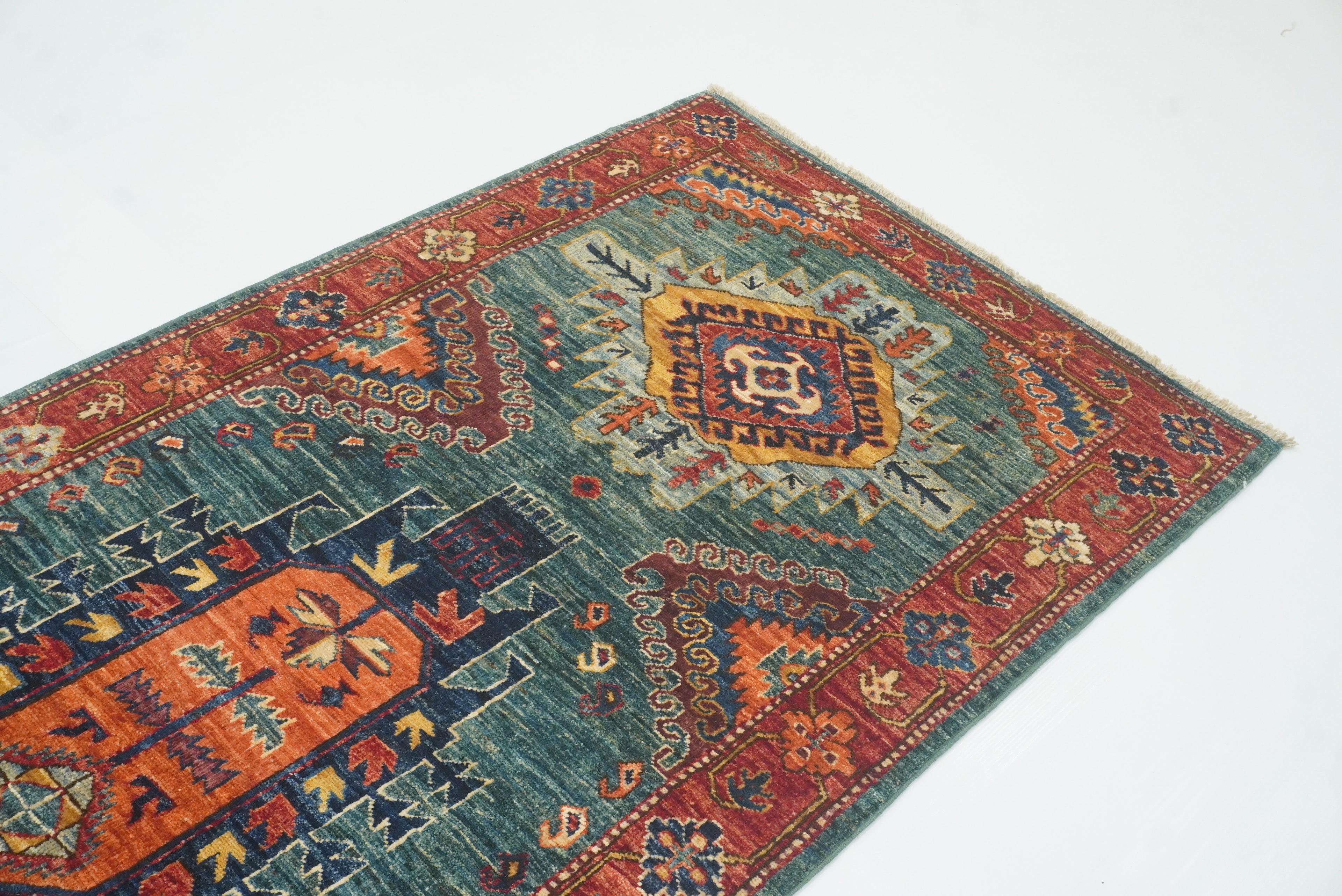 10 ft Green Malayer Afghan Hand-Knotted Wool Runner Rug - Yildiz Rugs