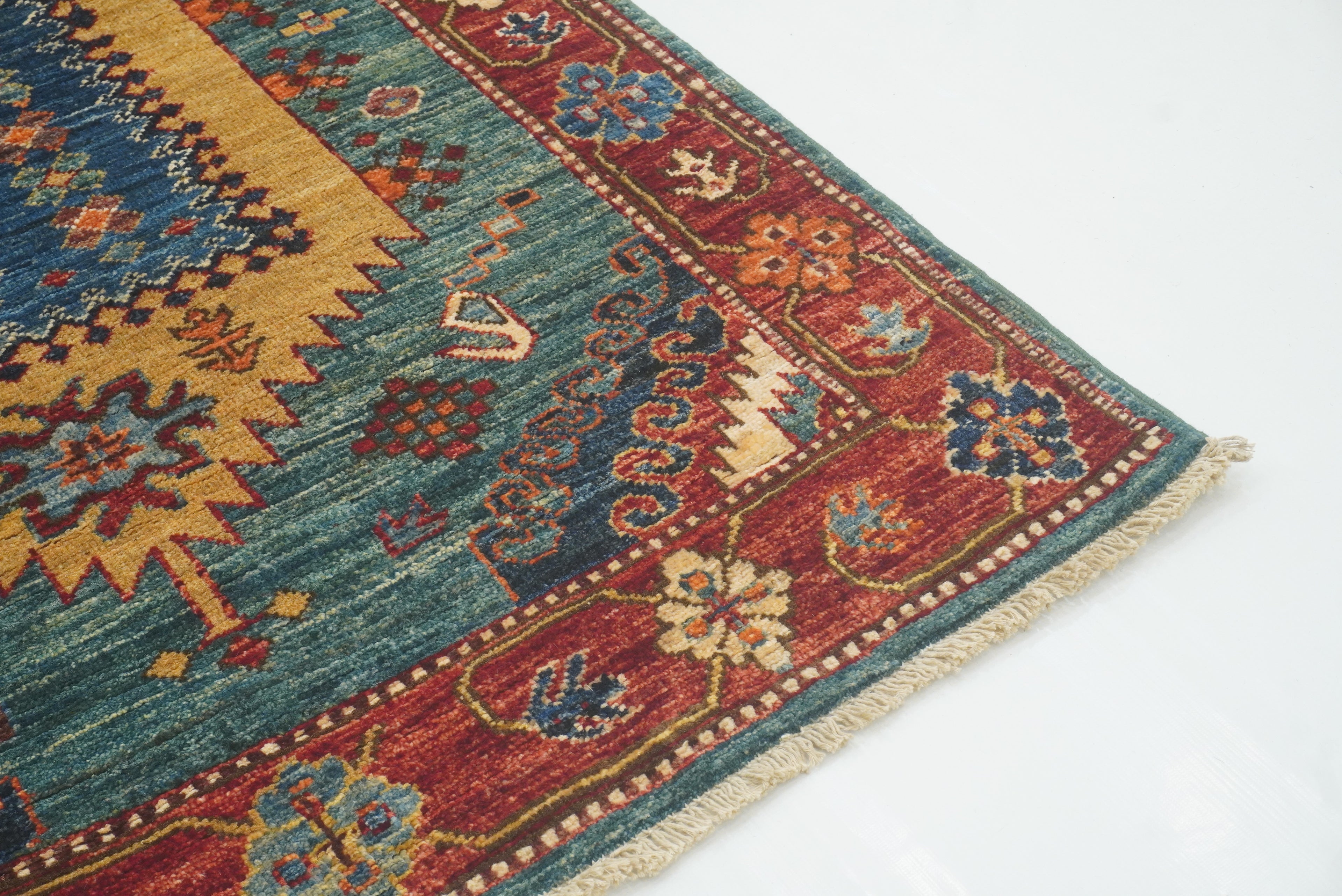 10 ft Green Malayer Afghan Hand-Knotted Wool Runner Rug - Yildiz Rugs