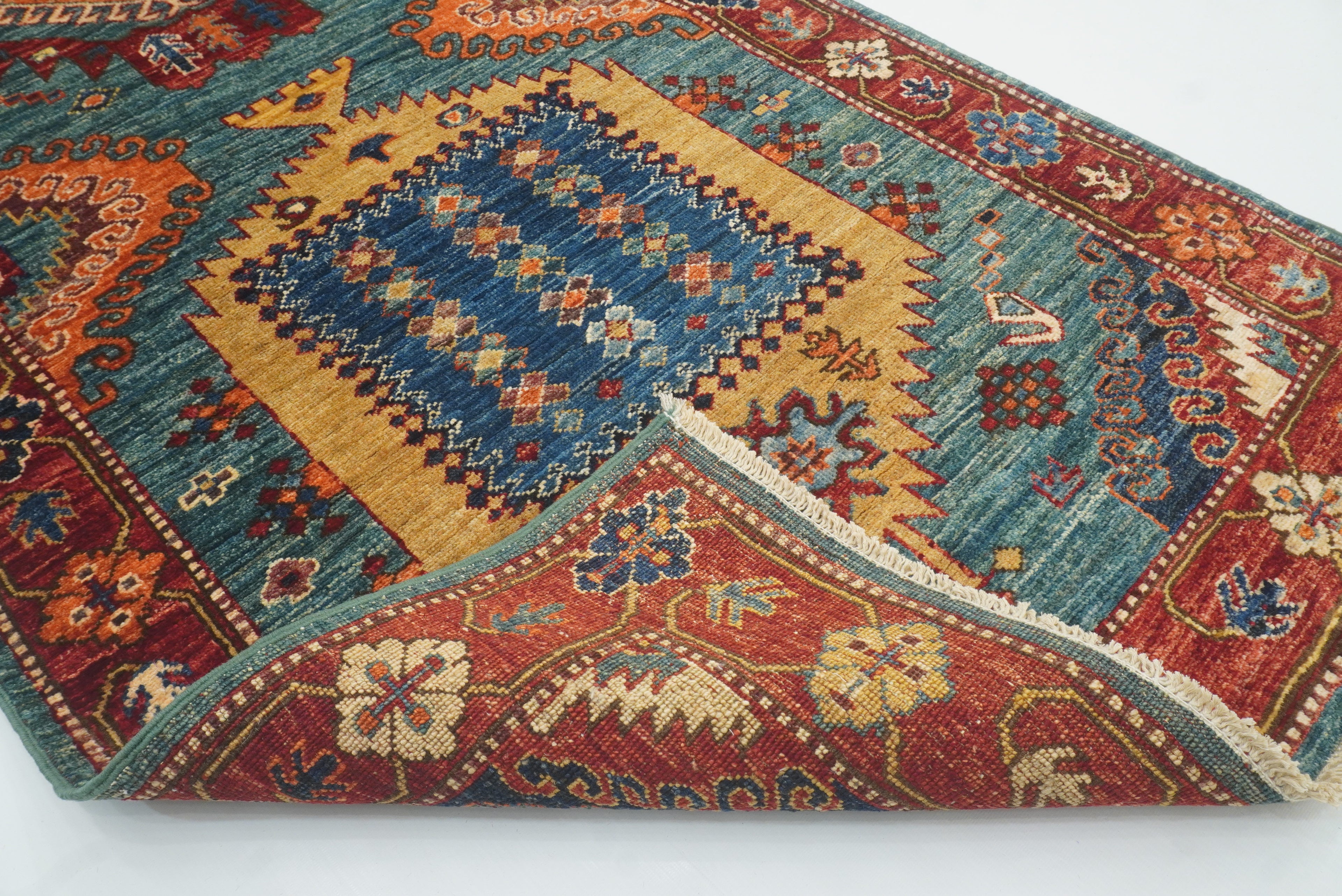 10 ft Green Malayer Afghan Hand-Knotted Wool Runner Rug - Yildiz Rugs