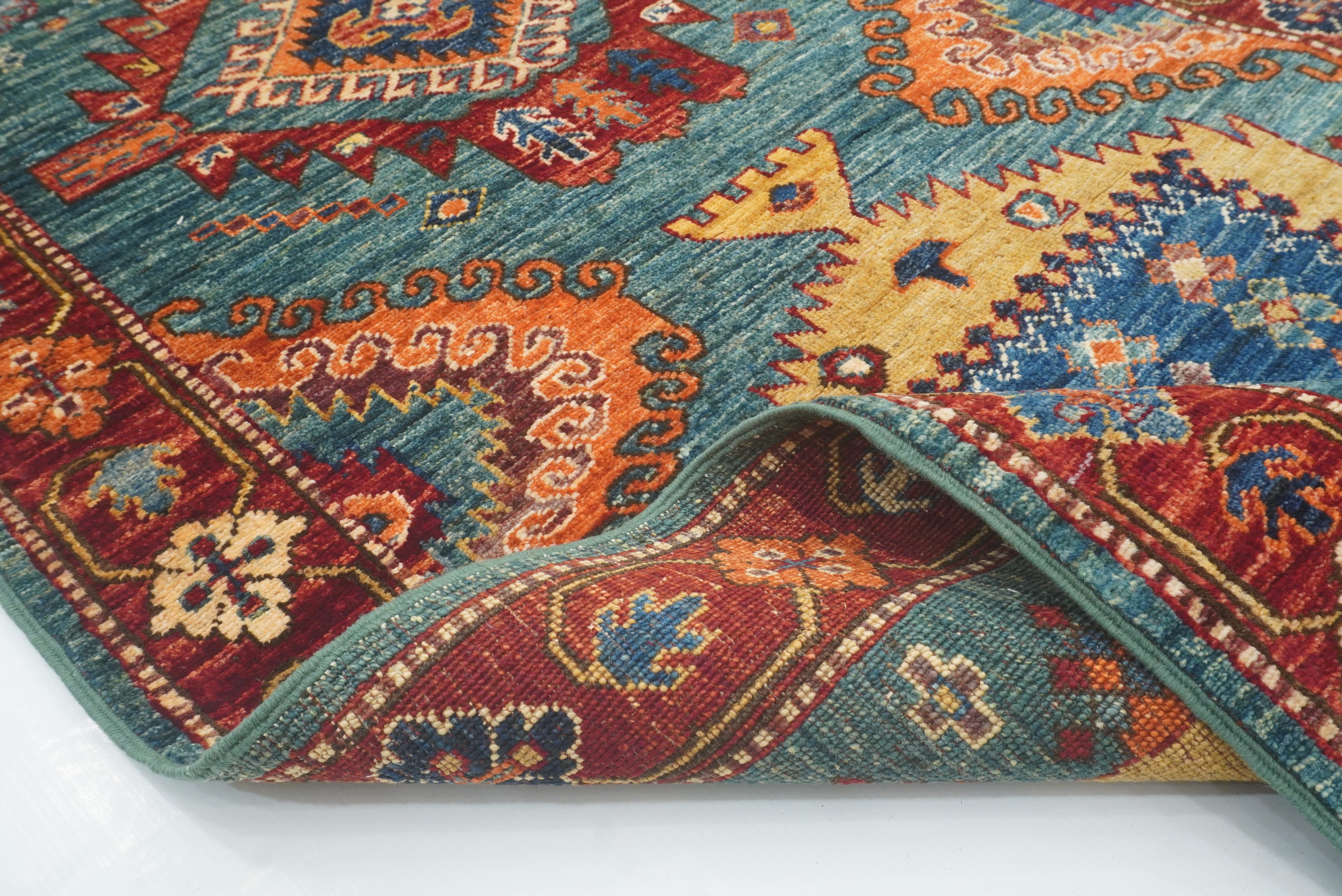 10 ft Green Malayer Afghan Hand-Knotted Wool Runner Rug - Yildiz Rugs