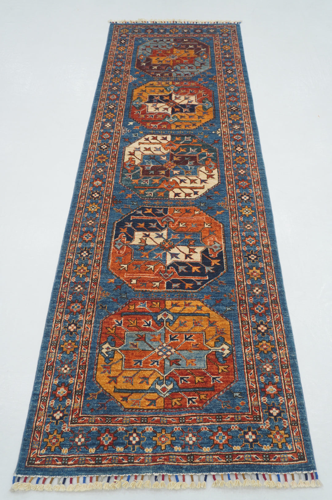 8 ft Blue Ersari Turkmen Afghan Hand knotted Oriental Runner Rug - Yildiz Rugs