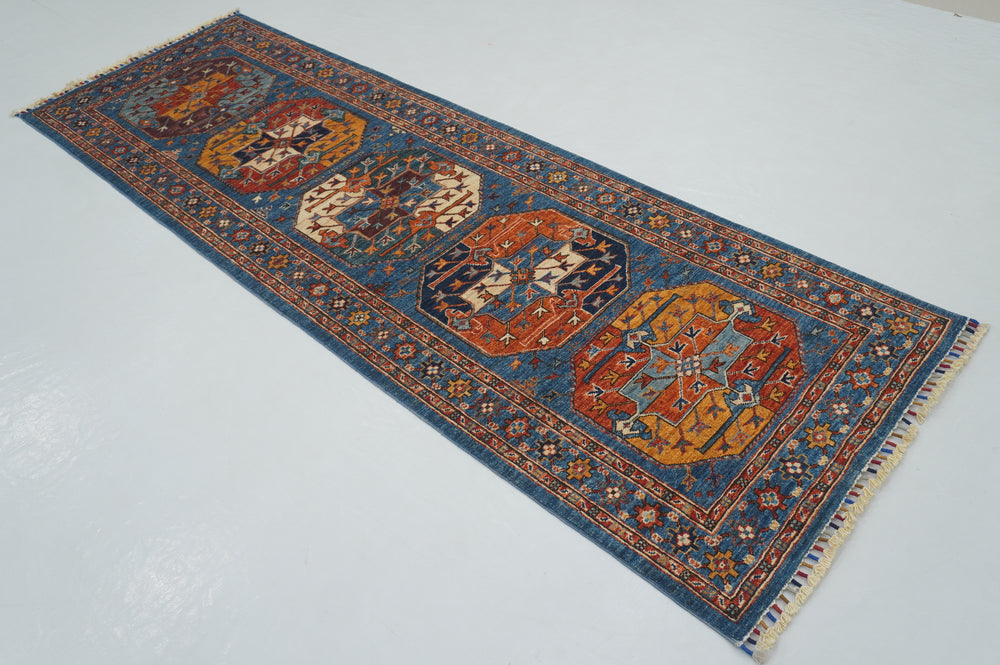 8 ft Blue Ersari Turkmen Afghan Hand knotted Oriental Runner Rug - Yildiz Rugs