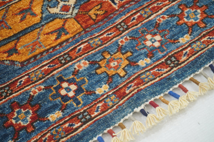 8 ft Blue Ersari Turkmen Afghan Hand knotted Oriental Runner Rug - Yildiz Rugs