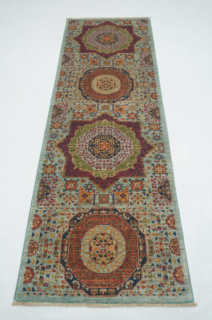 8 ft Soft Blue Mamluk Hand knotted Turkish Medallion Runner Rug - Yildiz Rugs