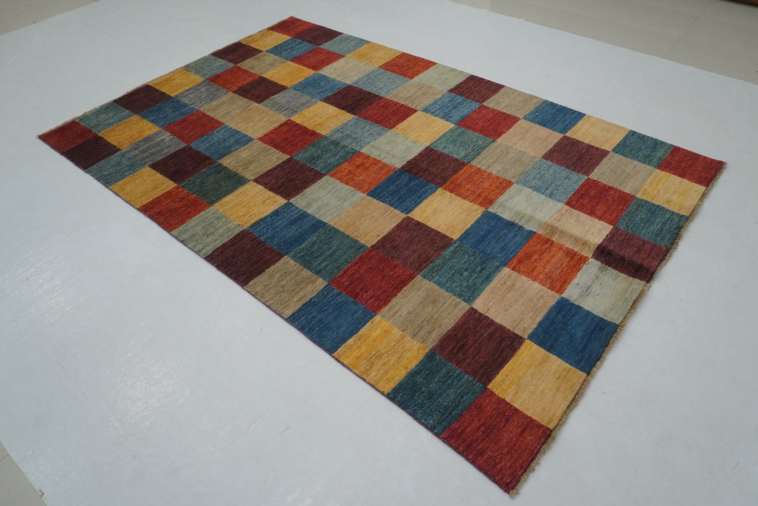 5x8 Checkered Multicolor box Gabbeh hand knotted Rug