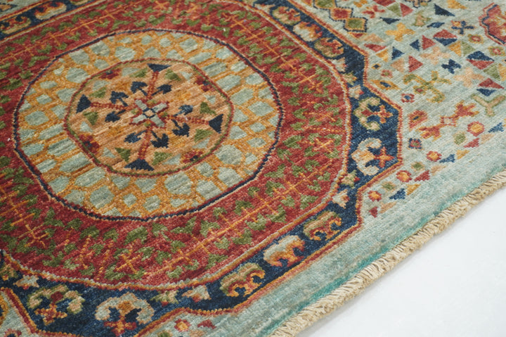 8 ft Soft Blue Mamluk Hand knotted Turkish Medallion Runner Rug - Yildiz Rugs