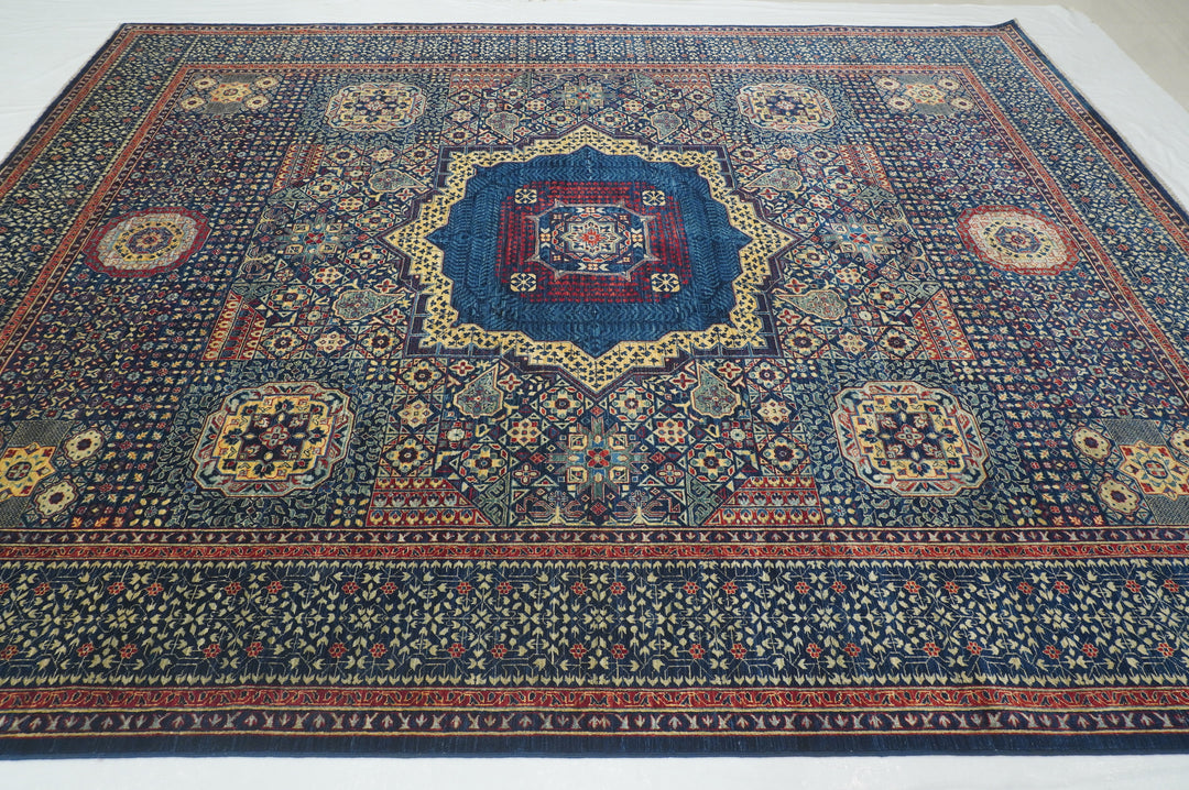 9x12 Navy Blue Mamluk Afghan Hand knotted Geometric Rug