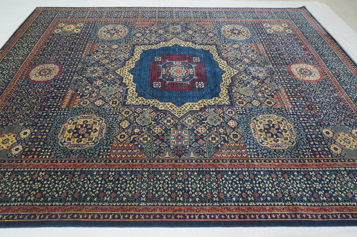 9x12 Navy Blue Mamluk Afghan Hand knotted Geometric Rug