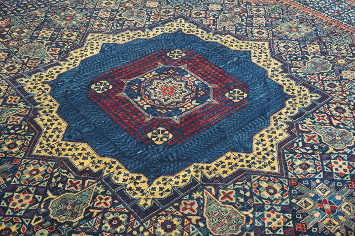 9x12 Navy Blue Mamluk Afghan Hand knotted Geometric Rug