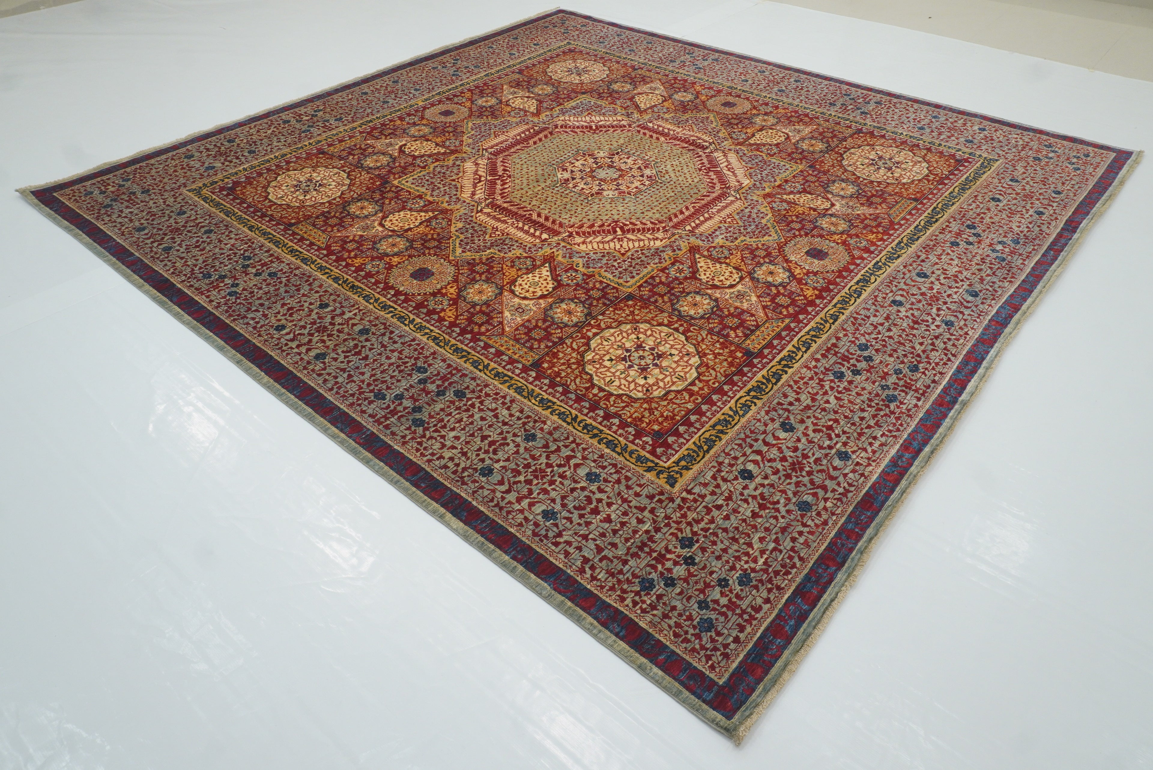 10x10 Red Mamluk Hand-Knotted Wool Medallion Square Rug - Yildiz Rugs