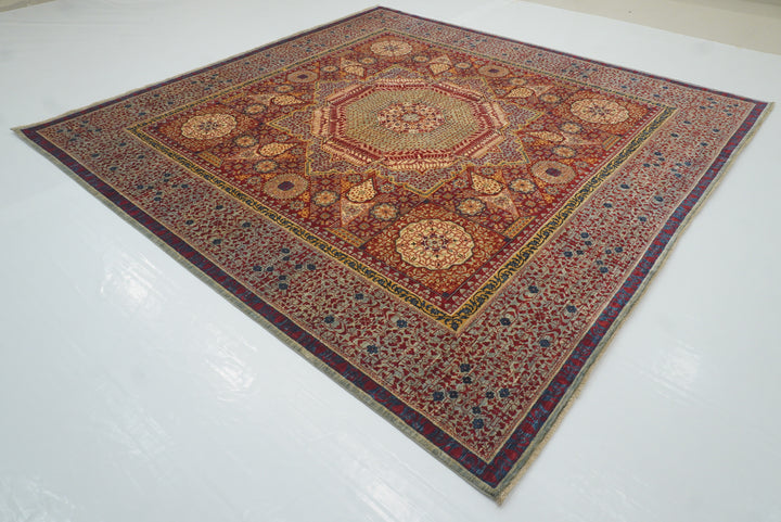 10x10 Red Mamluk Hand-Knotted Wool Medallion Square Rug - Yildiz Rugs