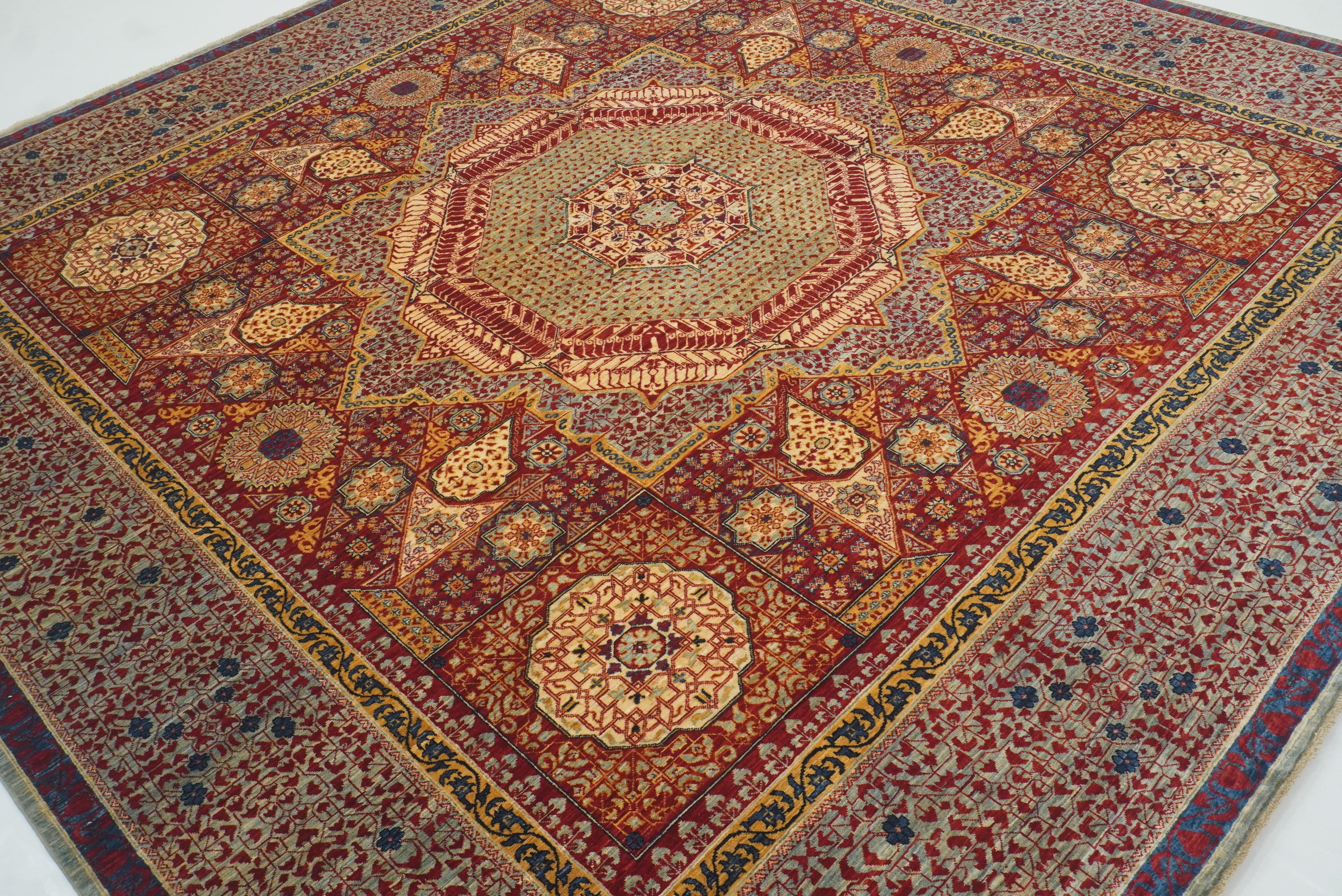 10x10 Red Mamluk Hand-Knotted Wool Medallion Square Rug - Yildiz Rugs