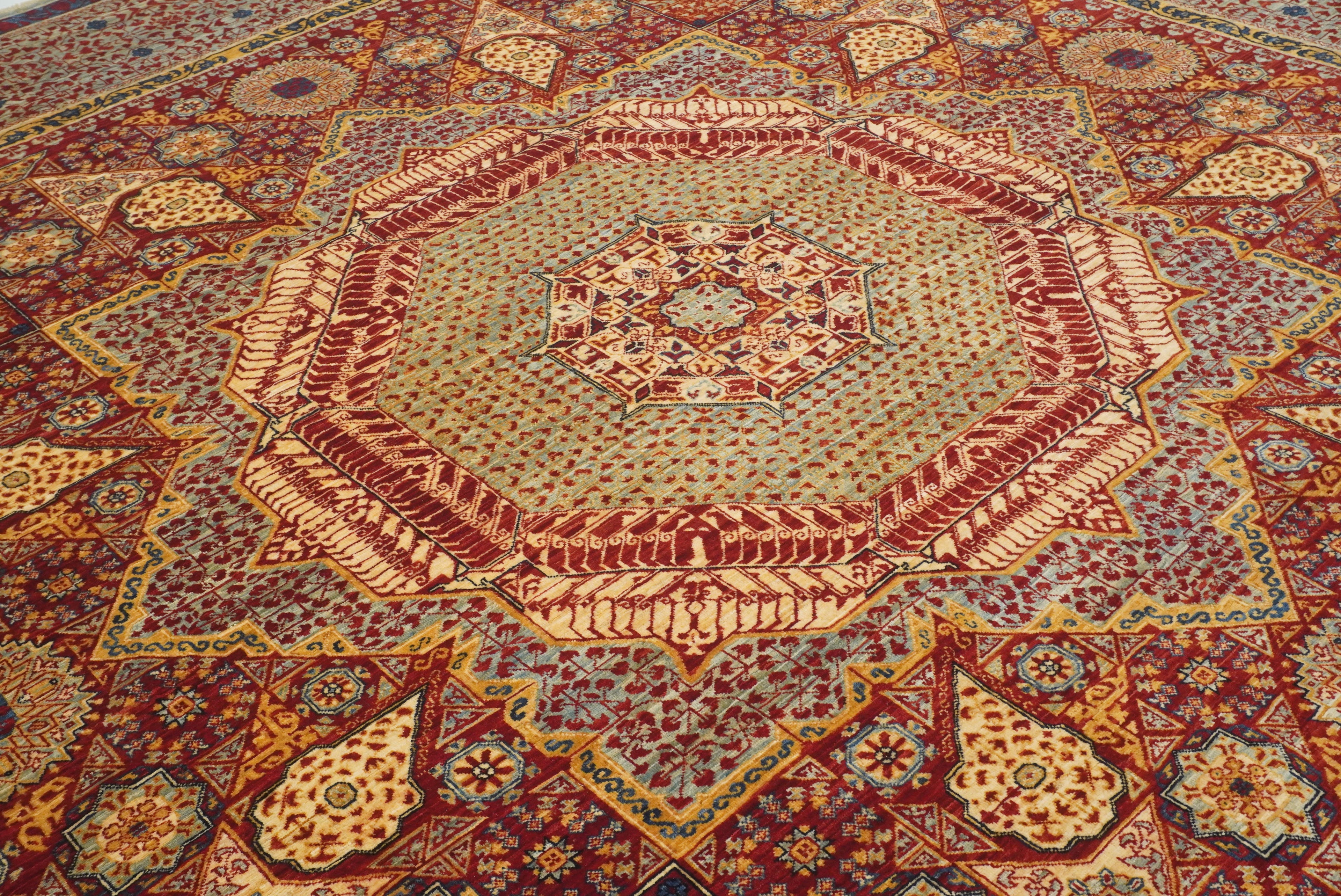 10x10 Red Mamluk Hand-Knotted Wool Medallion Square Rug - Yildiz Rugs