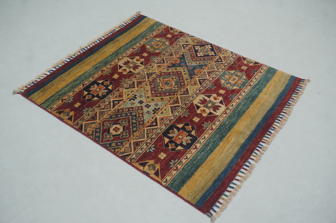 3x4 Red Tribal Afghan Hand Knotted Square Rug