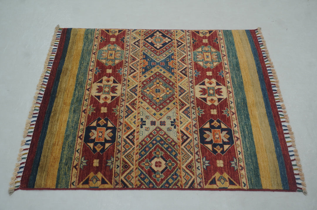 3x4 Red Tribal Afghan Hand Knotted Square Rug