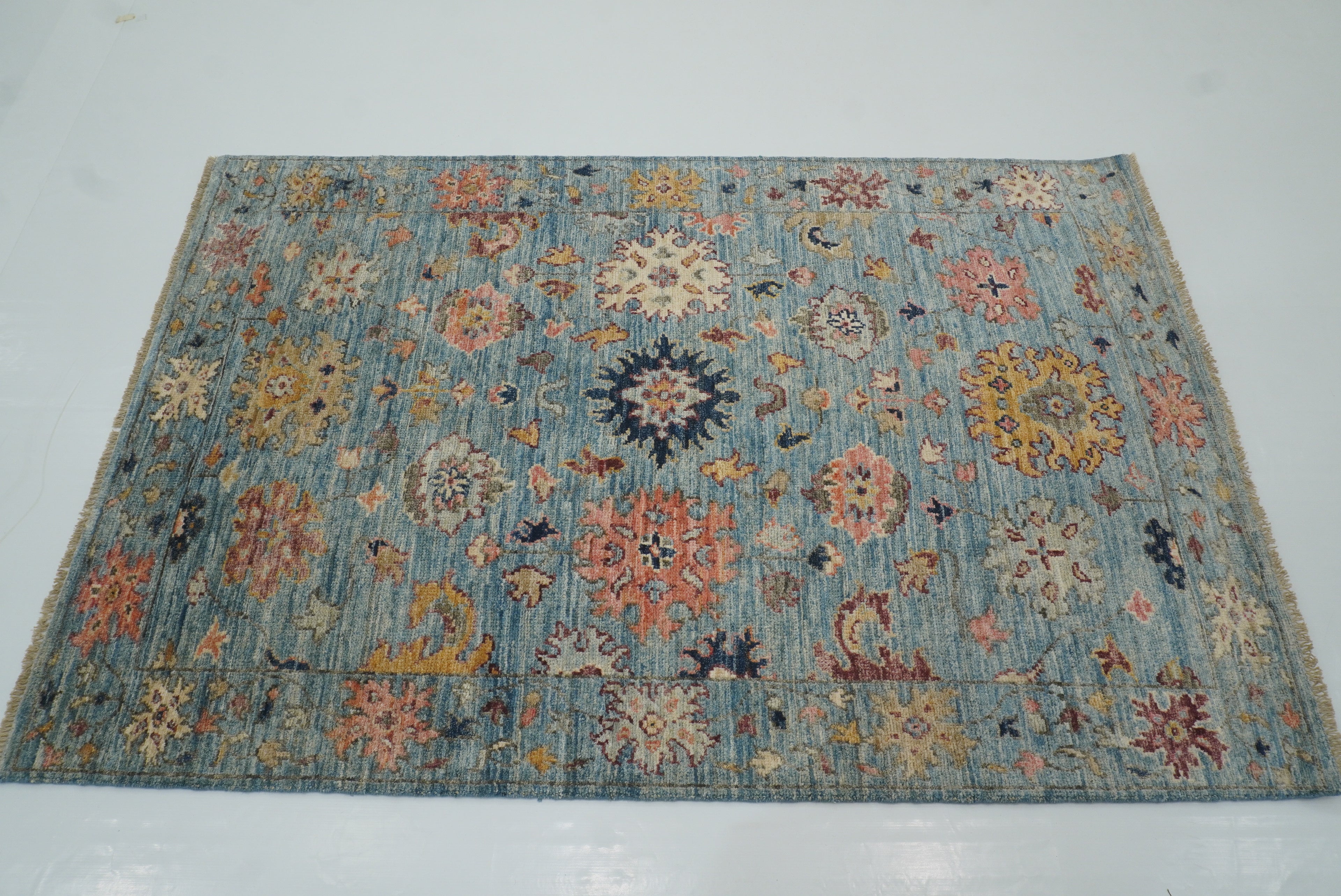 4x6 Blue Oushak Hand-Knotted Wool Oriental Rug - Yildiz Rugs