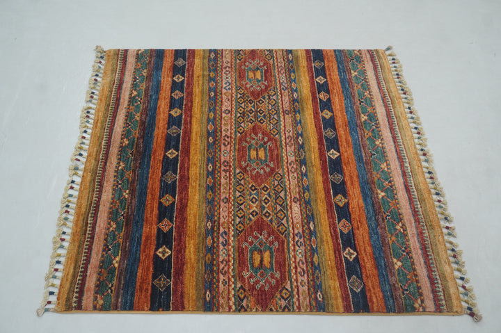 3x3 Red Tribal Afghan Hand knotted Square Rug