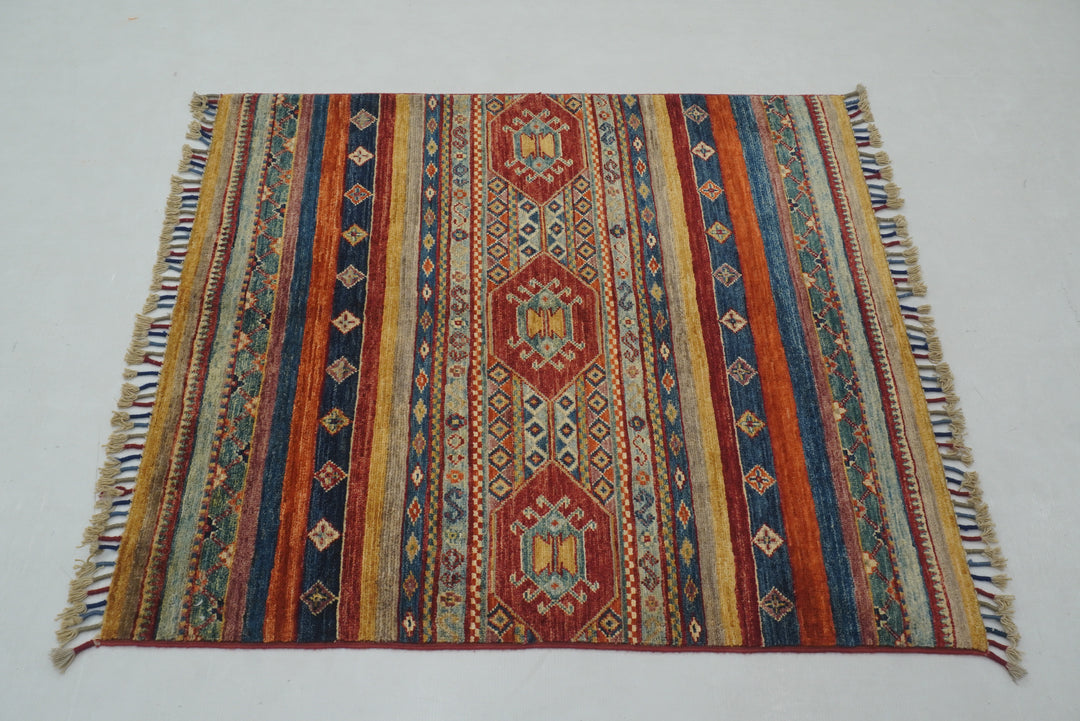 3x3 Multicolor Tribal Afghan Hand Knotted Square Rug