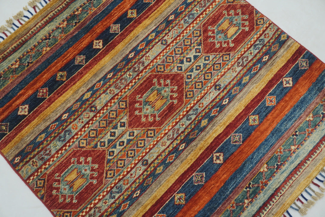 3x3 Multicolor Tribal Afghan Hand Knotted Square Rug