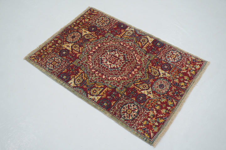 2x3 Red Blue Turkish Mamluk Hand knotted Accent Rug - Yildiz Rugs