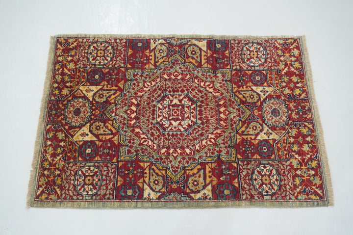2x3 Red Blue Turkish Mamluk Hand knotted Accent Rug - Yildiz Rugs