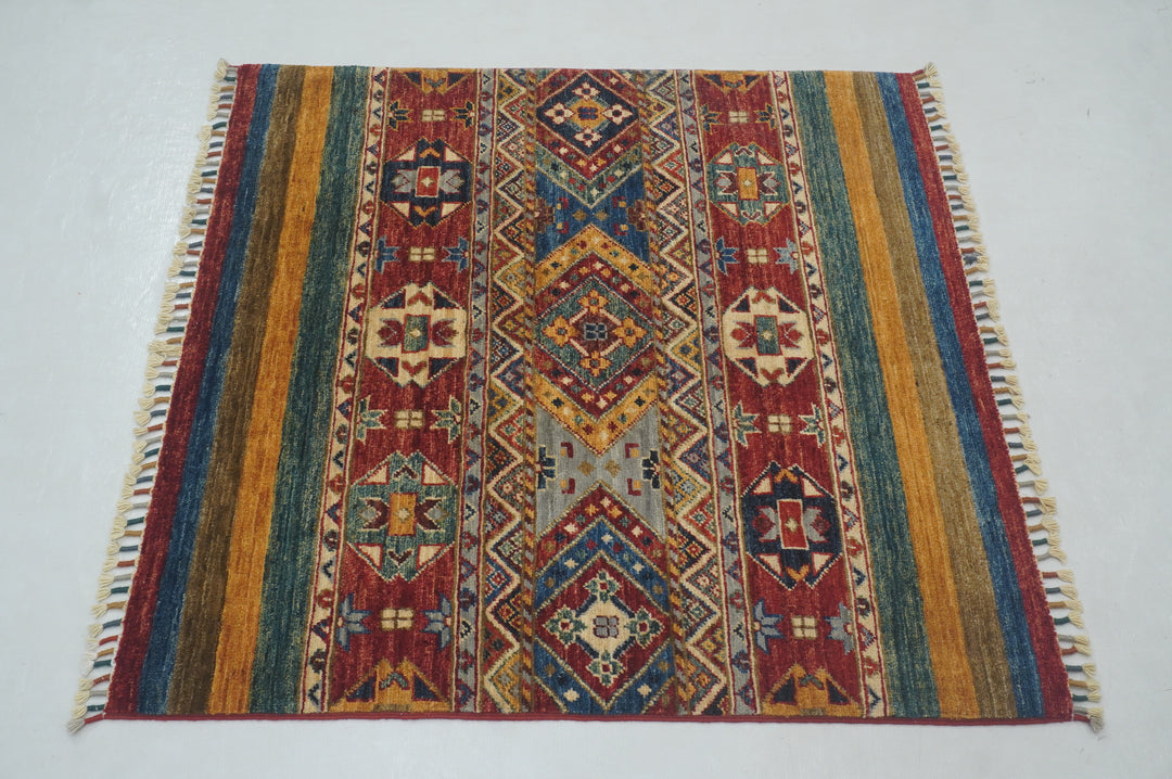 3x3 Red Tribal Afghan Handmade Square Rug