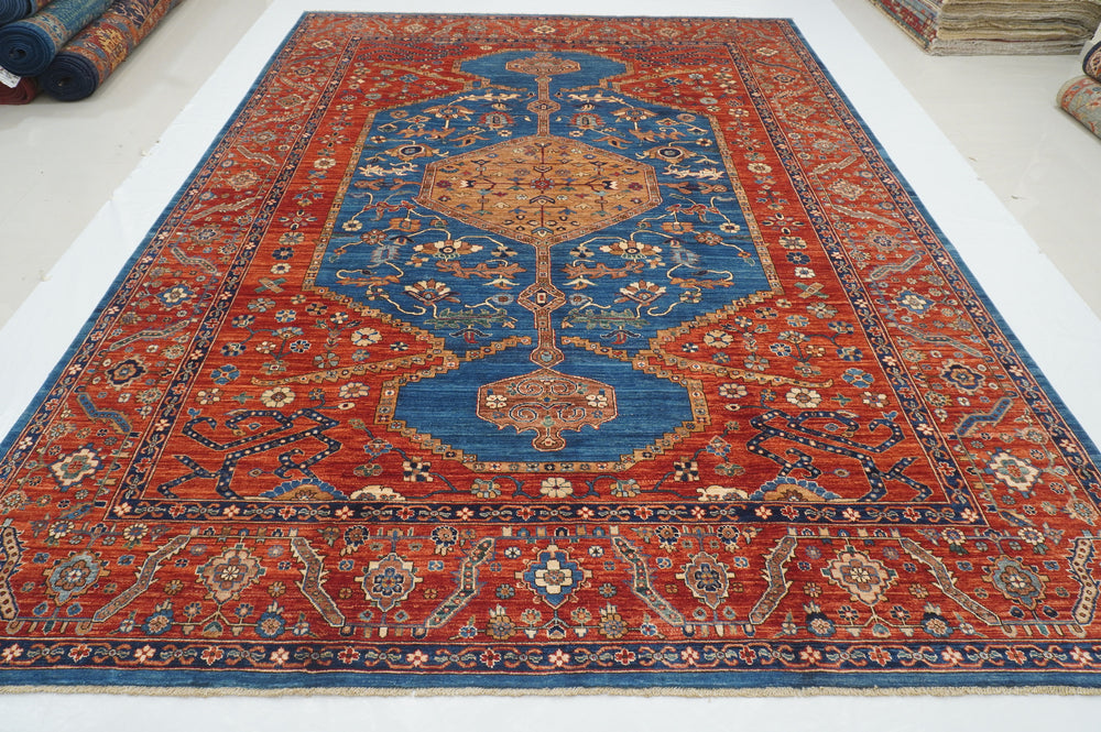 9x12 Blue Rusty Red Serapi Afghan Hand knotted Oriental Medallion Rug - Yildiz Rugs