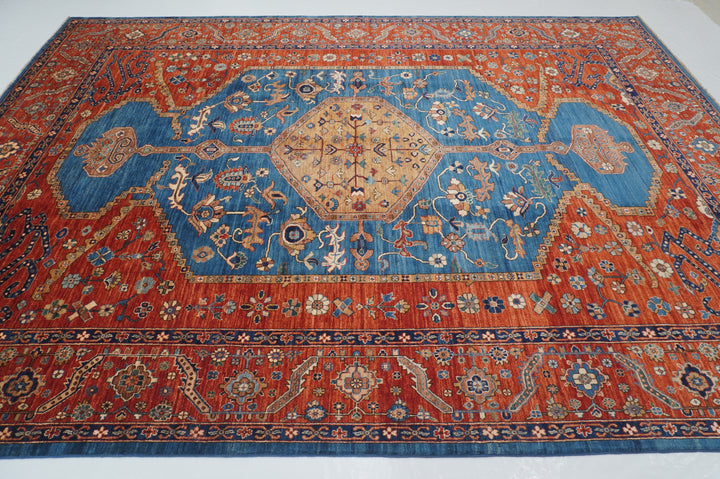 9x12 Blue Rusty Red Serapi Afghan Hand knotted Oriental Medallion Rug - Yildiz Rugs