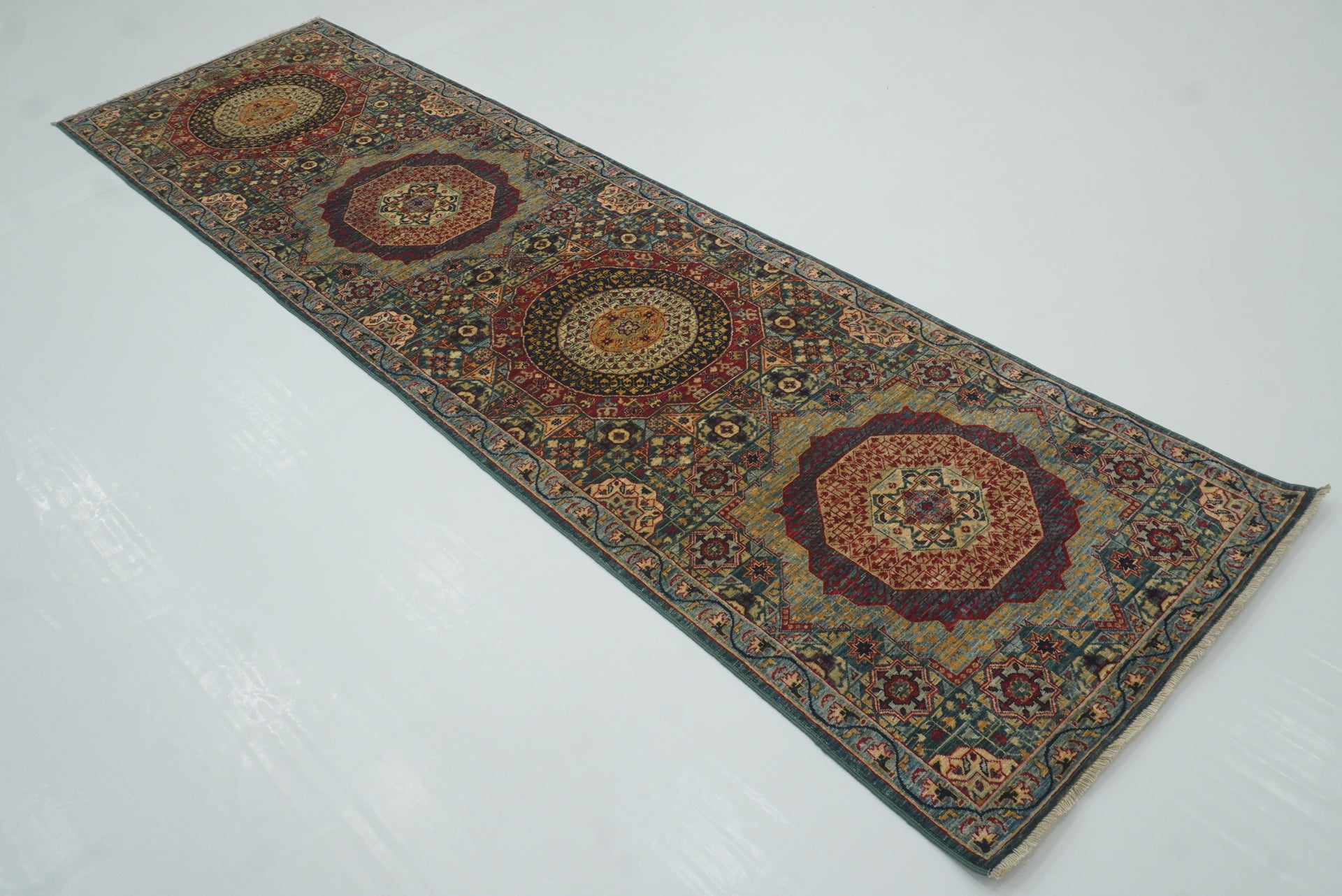10 ft Green Mamluk Hand-Knotted Wool Runner Rug - Yildiz Rugs