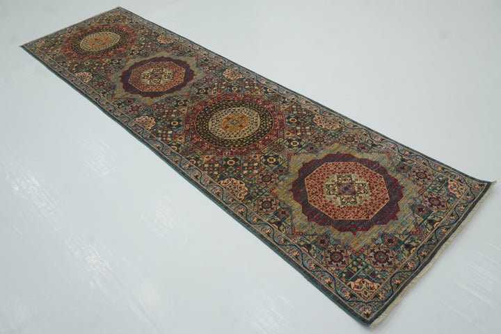10 ft Green Mamluk Hand-Knotted Wool Runner Rug - Yildiz Rugs
