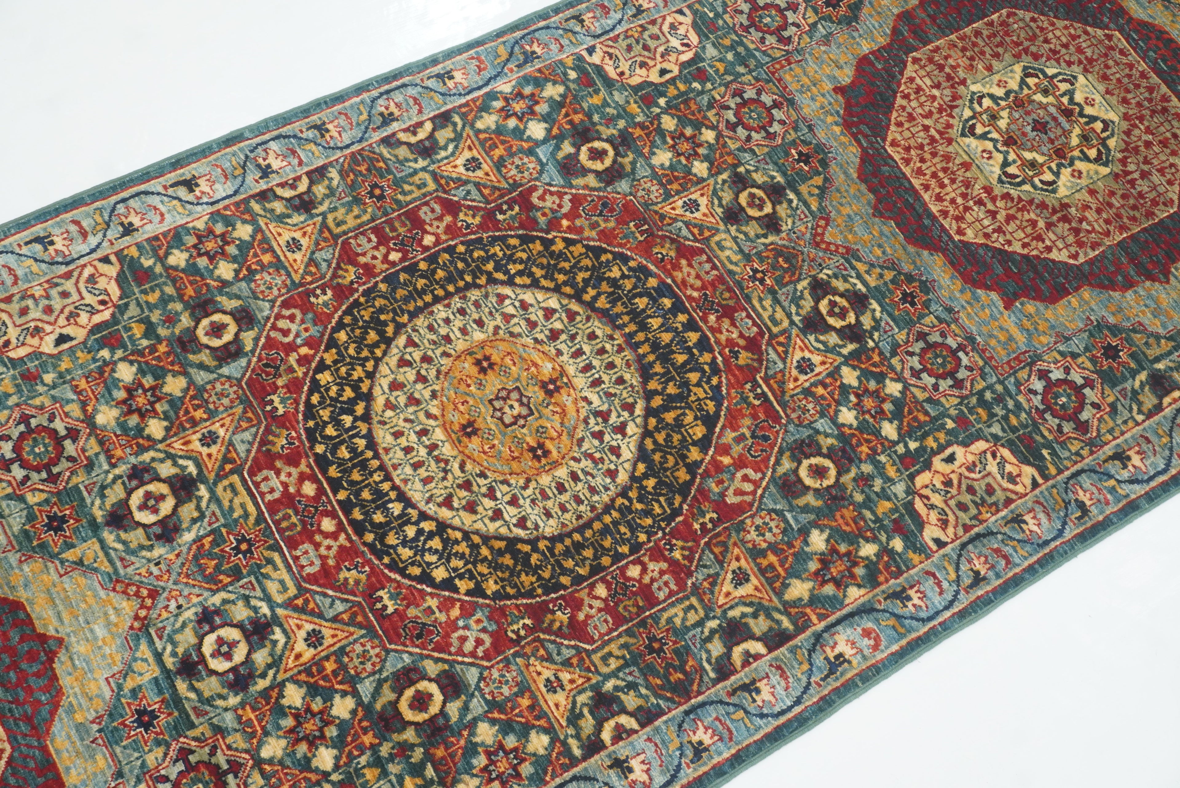 10 ft Green Mamluk Hand-Knotted Wool Runner Rug - Yildiz Rugs