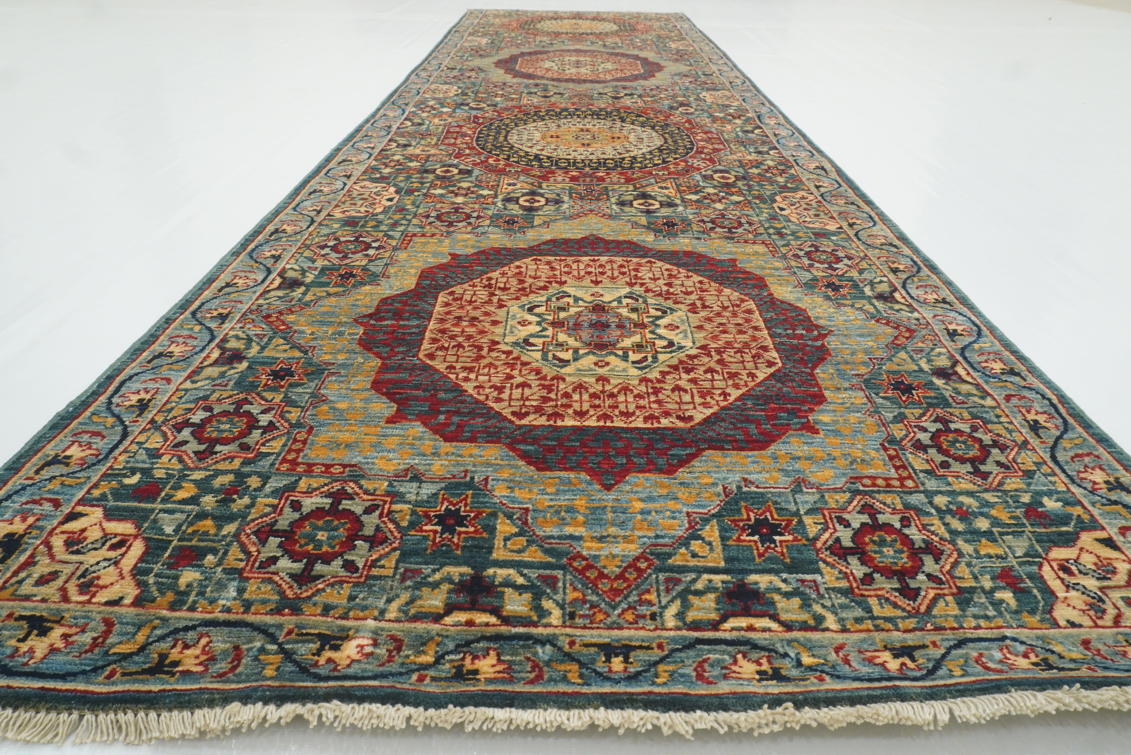 10 ft Green Mamluk Hand-Knotted Wool Runner Rug - Yildiz Rugs