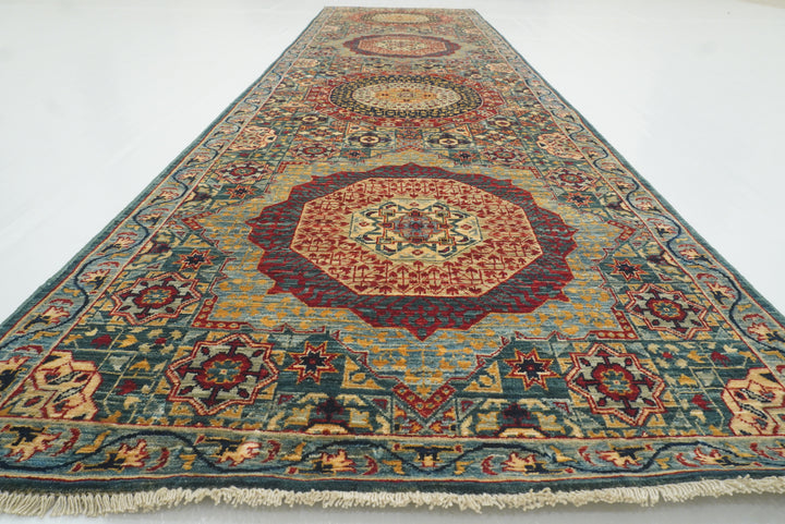 10 ft Green Mamluk Hand-Knotted Wool Runner Rug - Yildiz Rugs