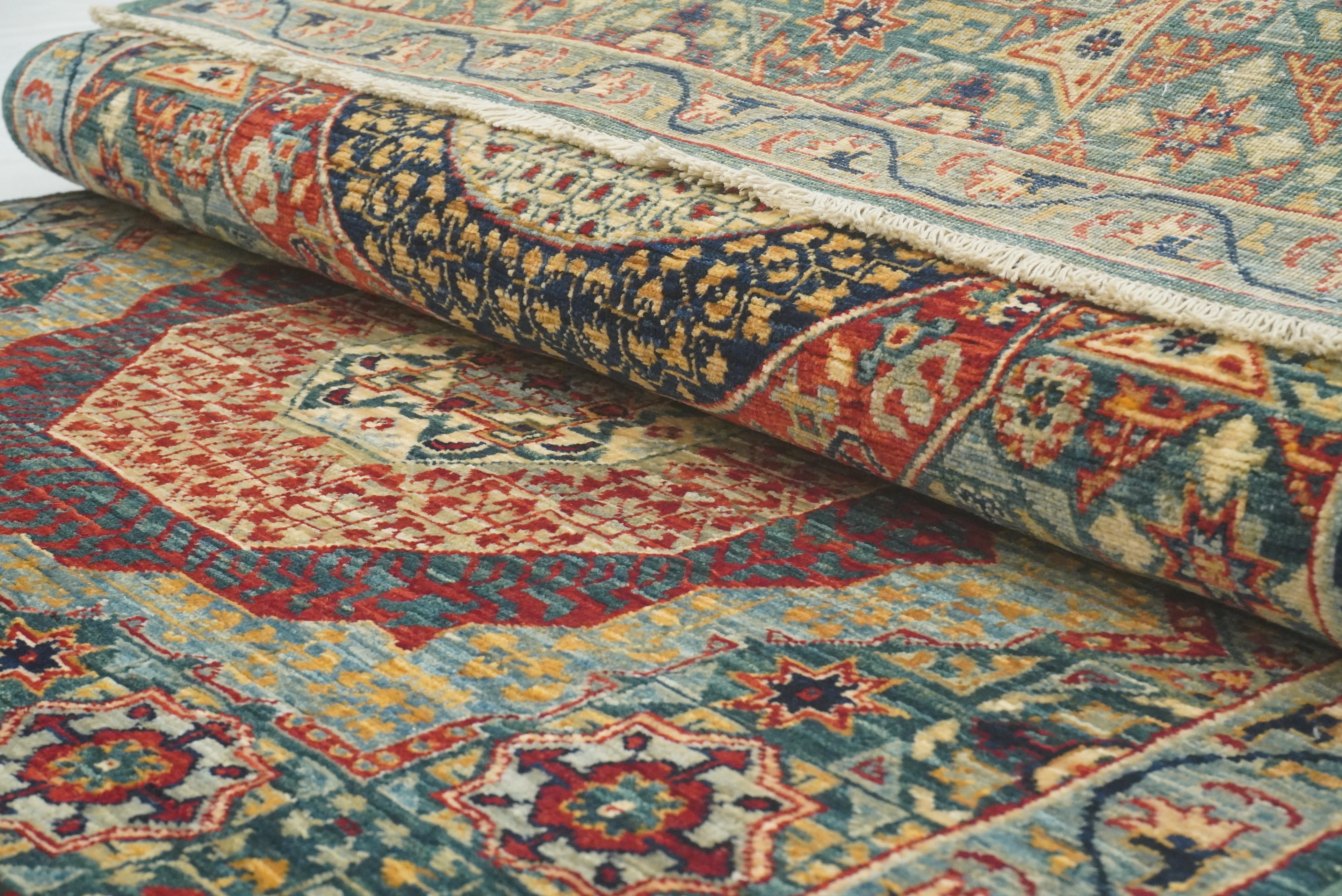 10 ft Green Mamluk Hand-Knotted Wool Runner Rug - Yildiz Rugs