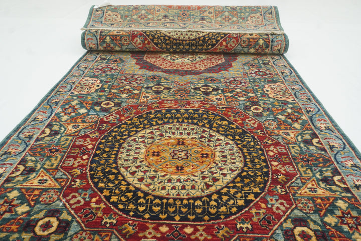 10 ft Green Mamluk Hand-Knotted Wool Runner Rug - Yildiz Rugs