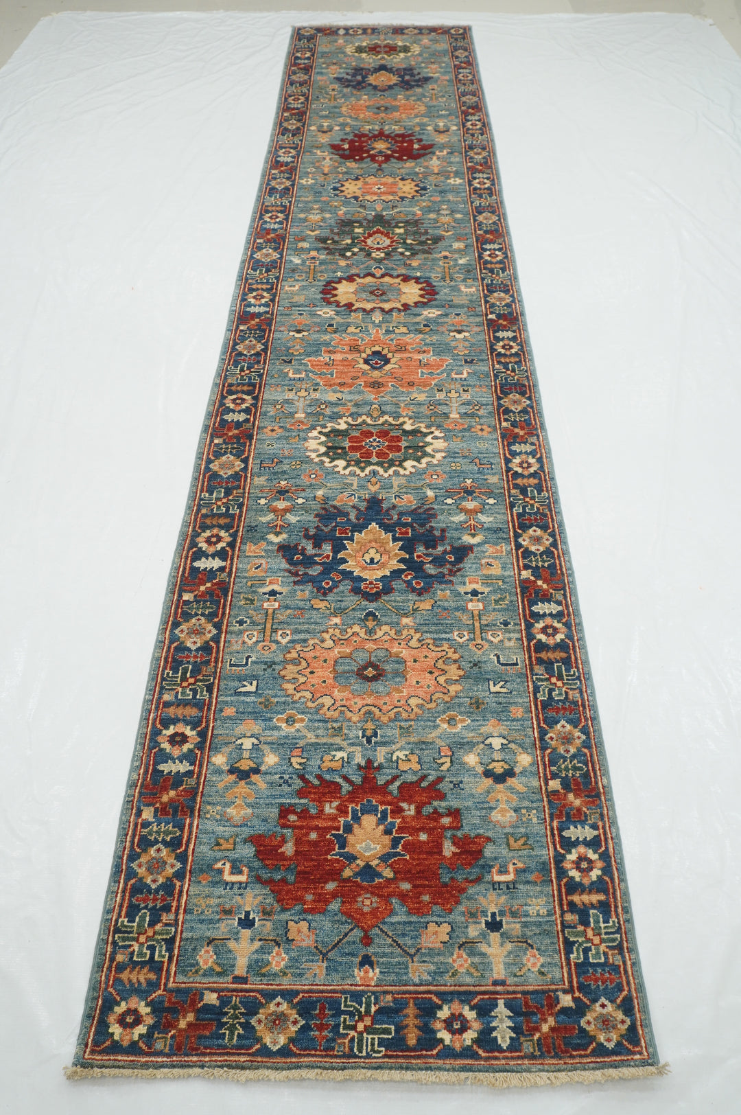 14 Ft Bidjar Muted Blue Afghan hand knotted Oriental Runner Rug - Yildiz Rugs