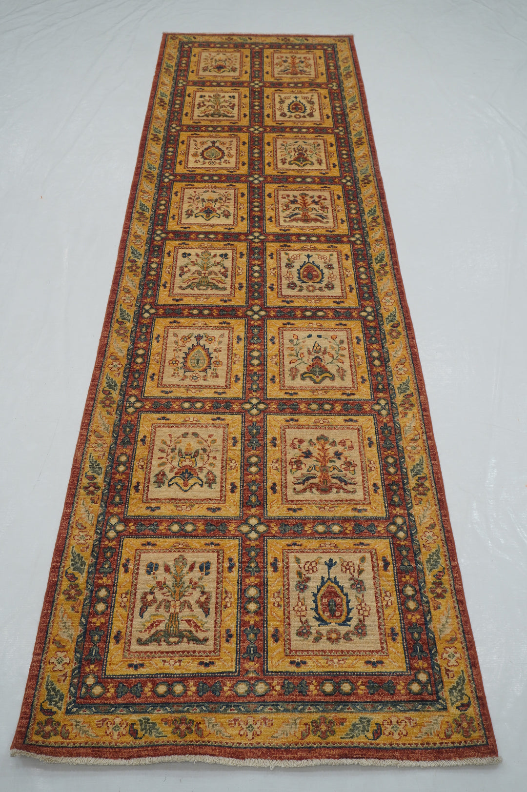 10 ft Beige Vintage Afghan Hand knotted Oriental Runner Rug - Yildiz Rugs