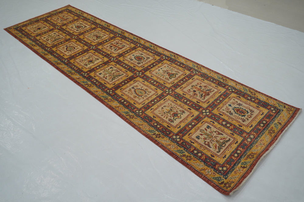 10 ft Beige Vintage Afghan Hand knotted Oriental Runner Rug - Yildiz Rugs