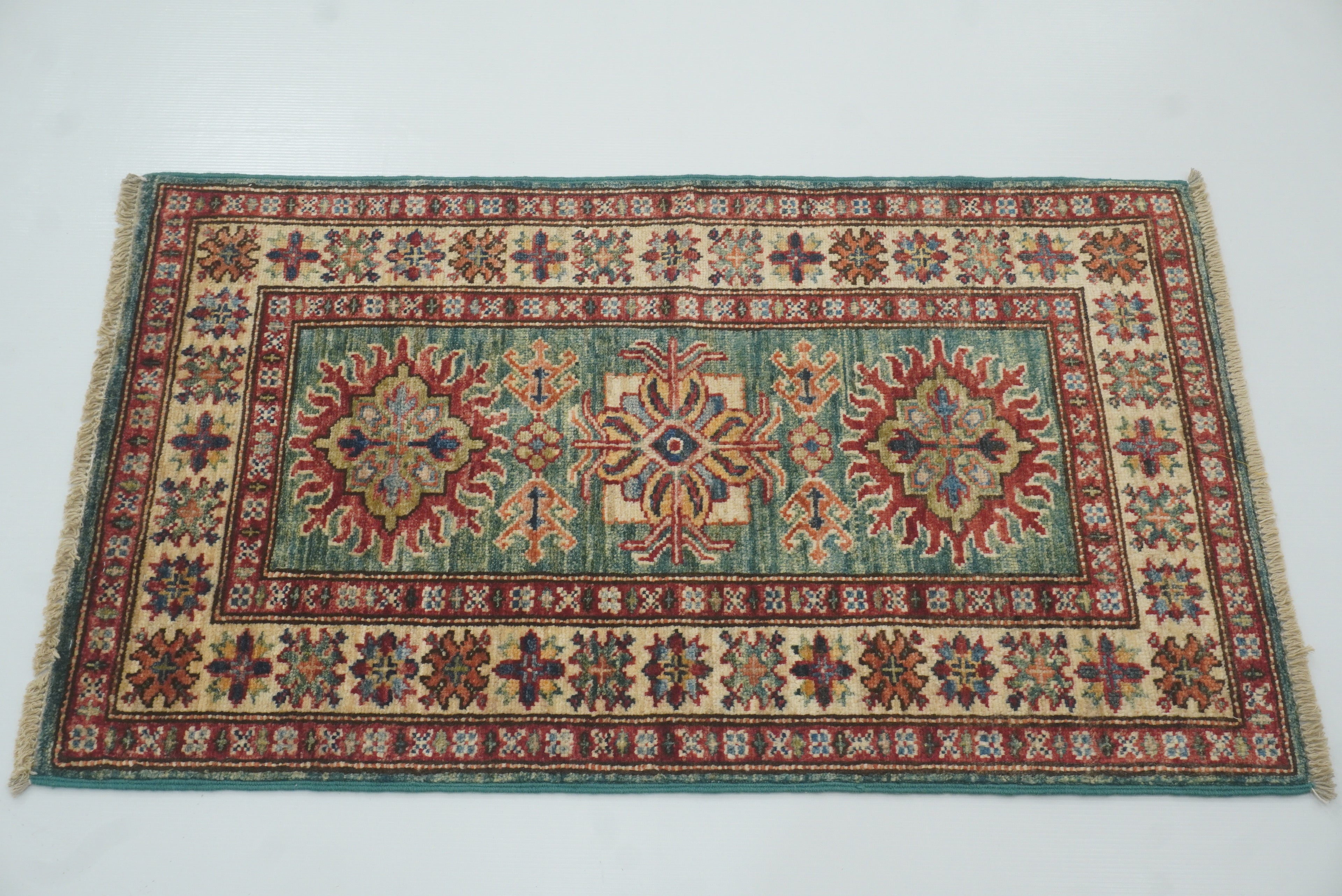 2x3 Green Kazak Hand-Knotted Afghan Rug - Yildiz Rugs