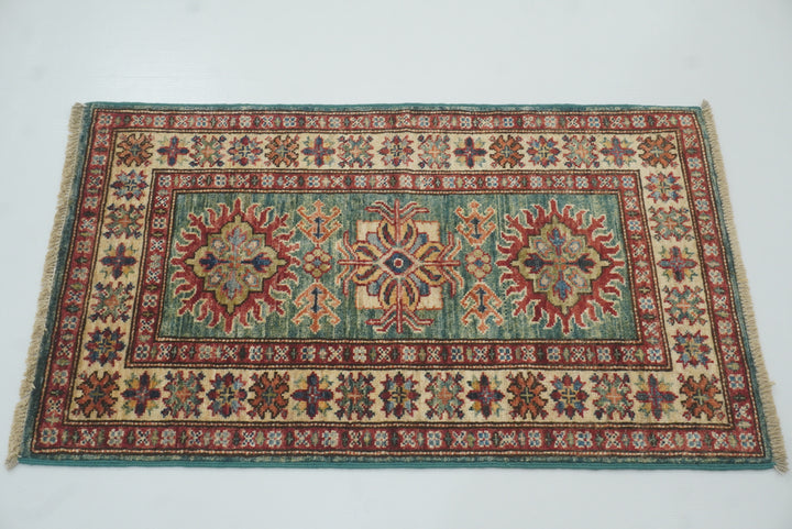 2x3 Green Kazak Hand-Knotted Afghan Rug - Yildiz Rugs