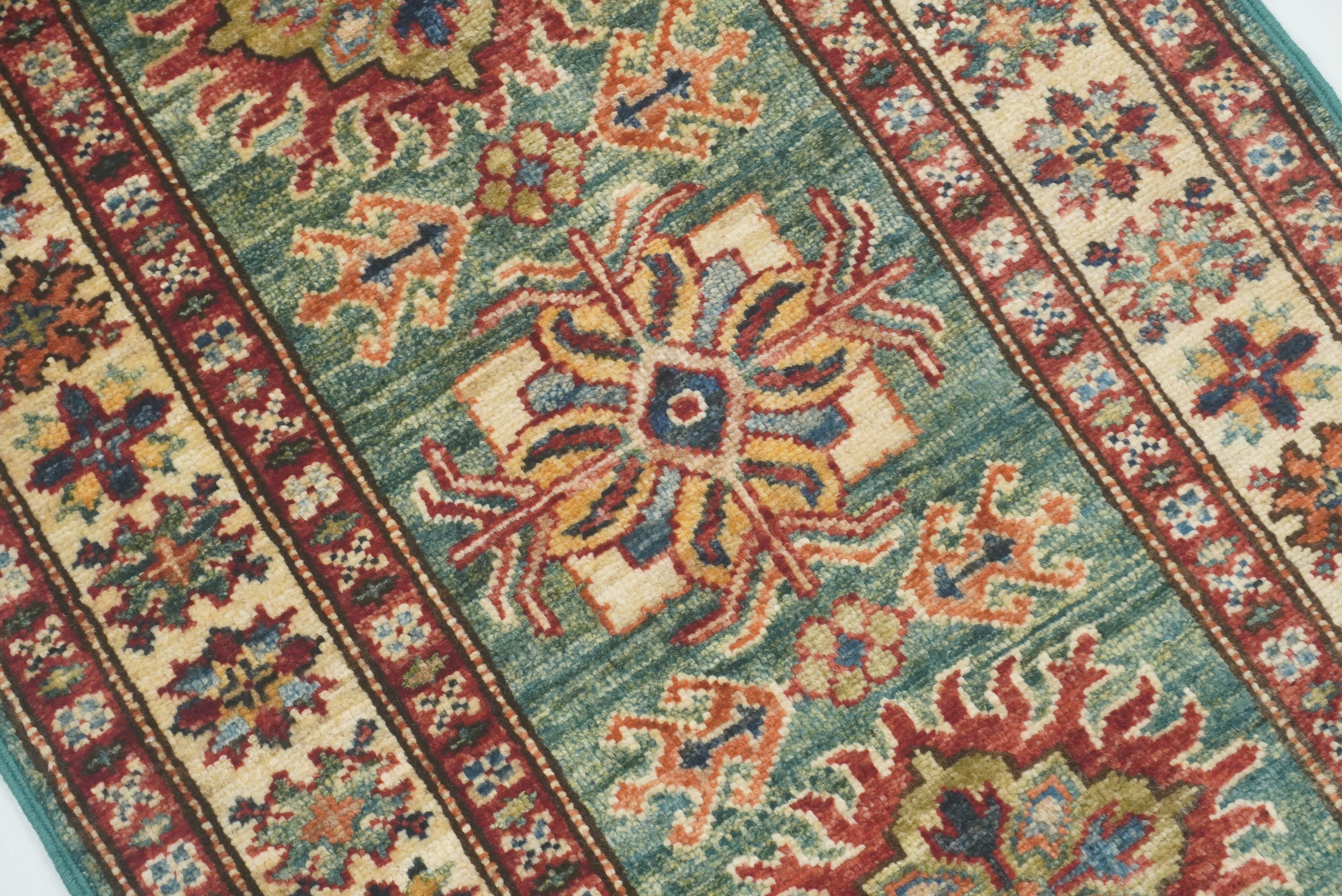 2x3 Green Kazak Hand-Knotted Afghan Rug - Yildiz Rugs