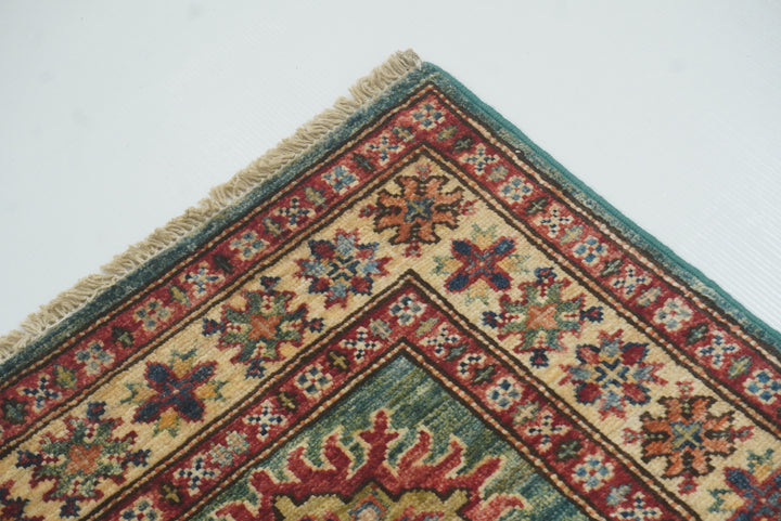 2x3 Green Kazak Hand-Knotted Afghan Rug - Yildiz Rugs