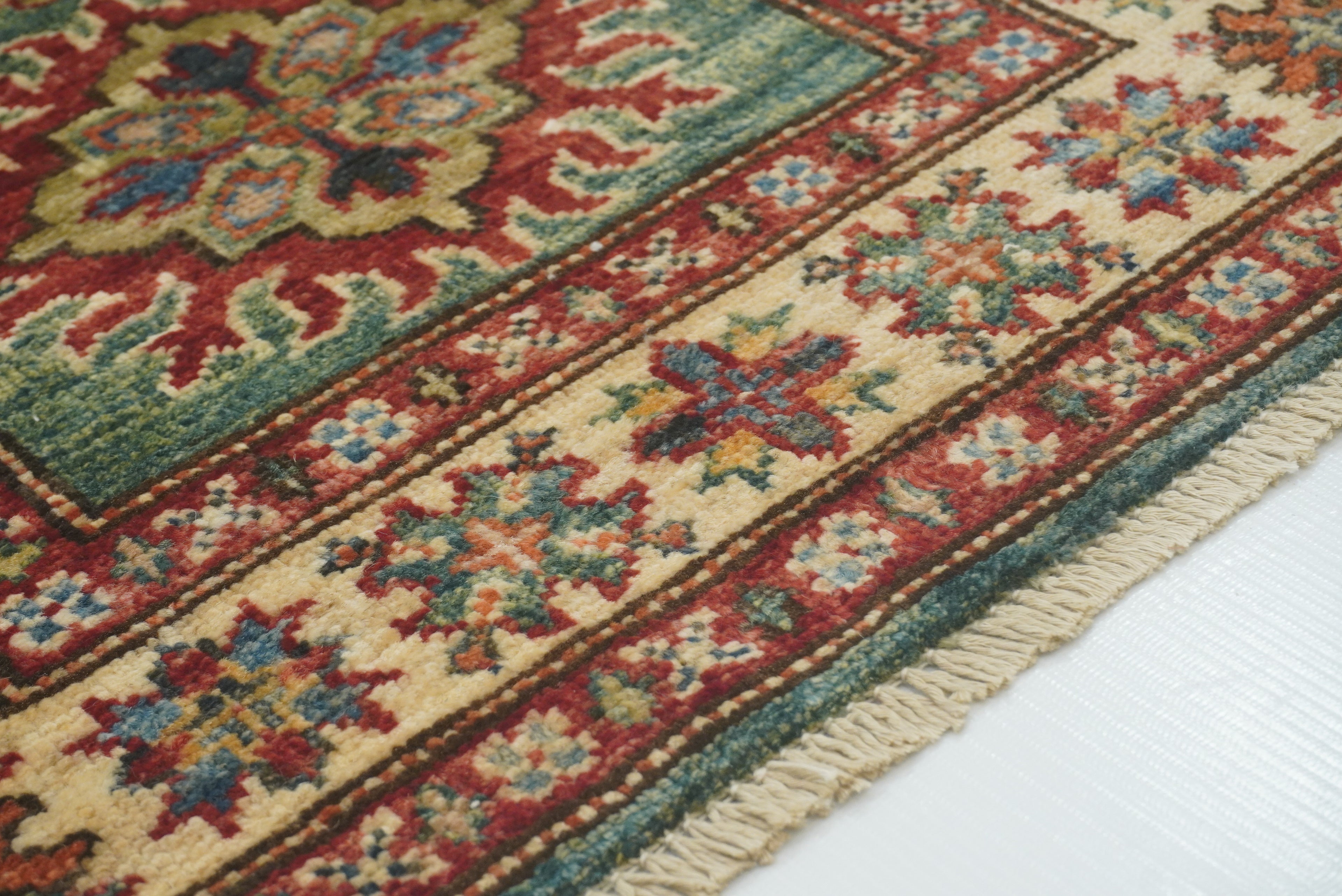2x3 Green Kazak Hand-Knotted Afghan Rug - Yildiz Rugs
