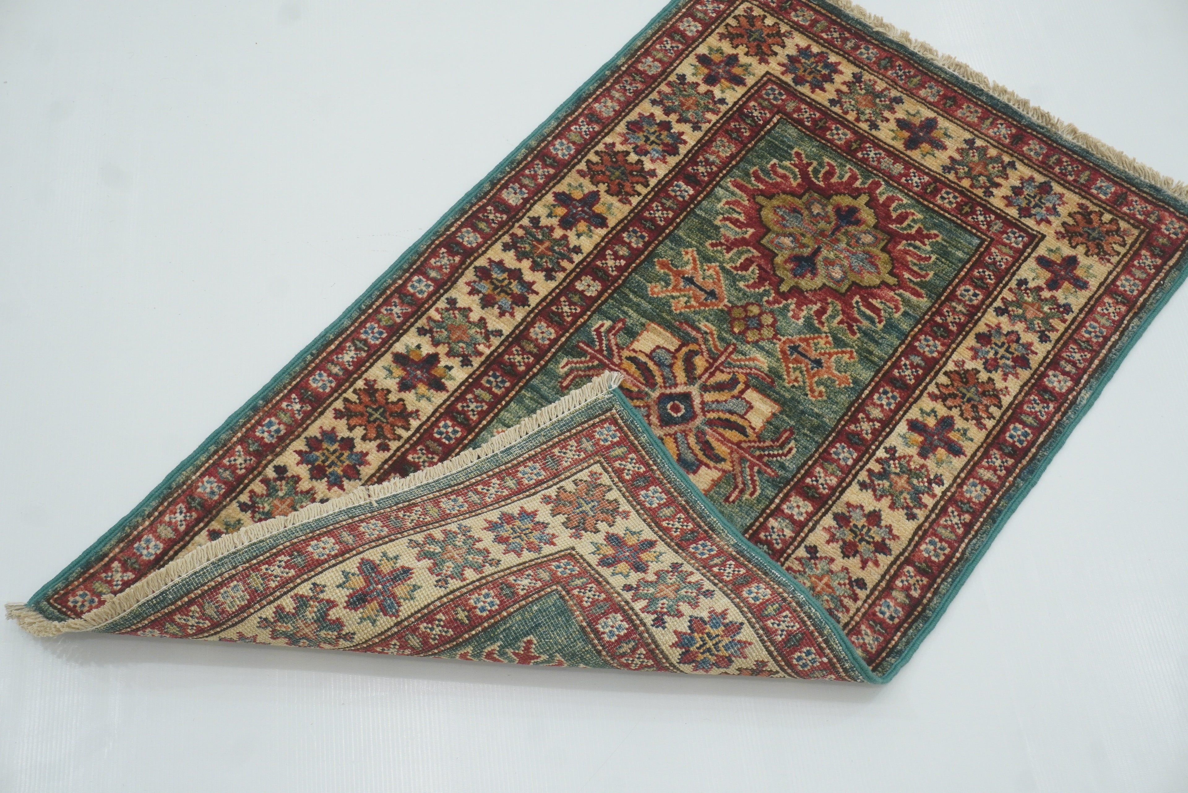 2x3 Green Kazak Hand-Knotted Afghan Rug - Yildiz Rugs