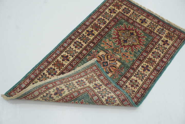 2x3 Green Kazak Hand-Knotted Afghan Rug - Yildiz Rugs