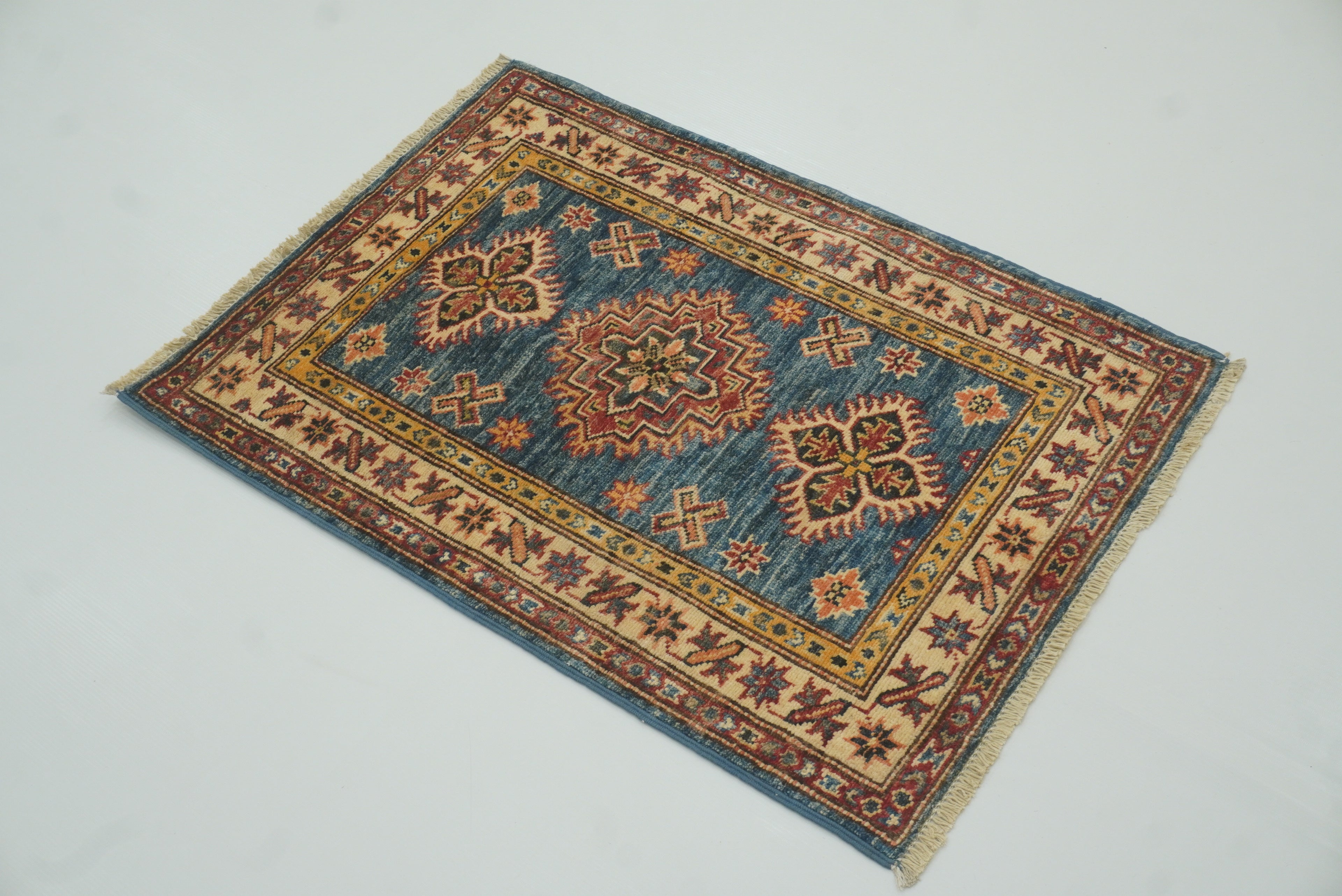 2x3 Blue Kazak Hand-Knotted Afghan Rug - Yildiz Rugs